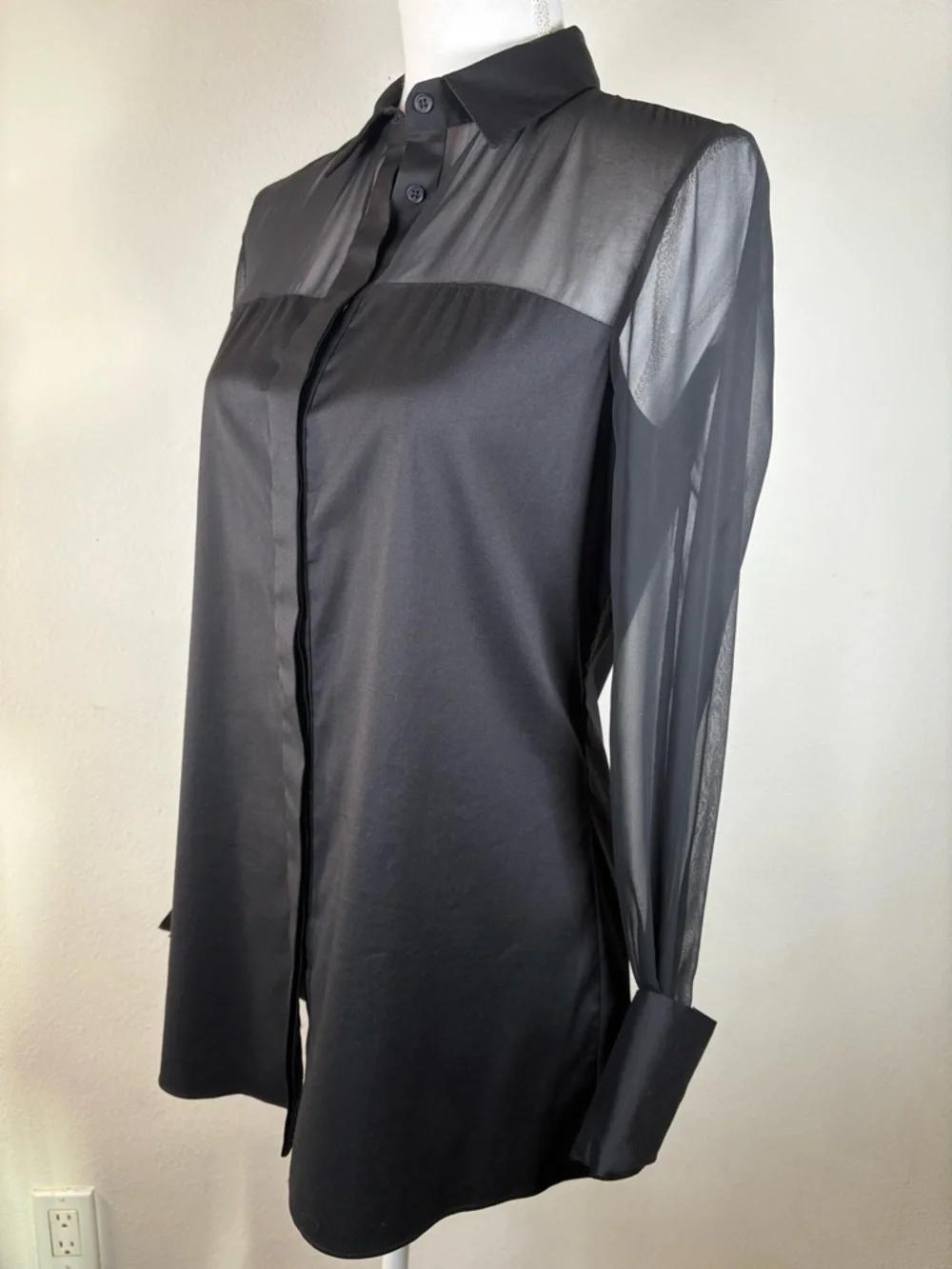 alice + olivia black sheer yoke button front blouse top - Picture 4 of 5